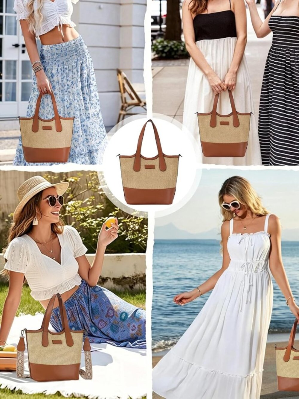Tote Bag for Women,Straw&Vegan Leather Bucket Bags Crossbody Top Handle Purses A - Picture 6 of 9